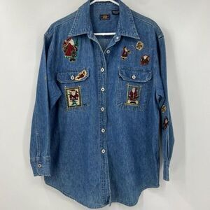 Vintage Route 66 Denim Button Down Handmade Christmas Top Size Large